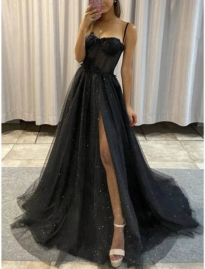 A-Line Prom Dresses Glitter Black Dress Plus Size Wedding Dresses Formal Gothic Dress Floor Length Sleeveless Sweetheart Spaghetti Tulle with Slit 2026
