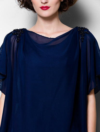 A-Line Mother of the Bride Dress Plus Size Elegant Cowl Neck Tea Length Chiffon Short Sleeve with Ruffles Crystal Brooch A-Line Mother of the Bride Dress Plus Size Elegant Cowl Neck Tea Length Chiffon Short Sleeve with Ruffles Crystal Brooch