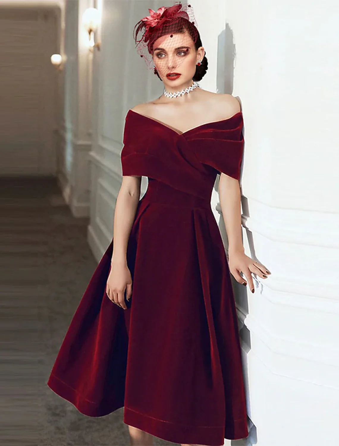 A-Line Cocktail Black Dress 1950s Dress Christmas Red Green Dress Fall Wedding Guest Dress Knee Length Short Sleeve Off Shoulder Velvet with Pleats Pure Color