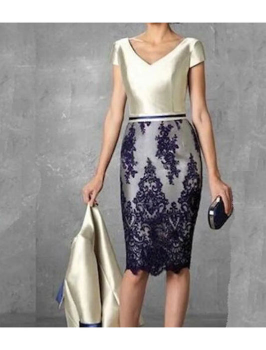 Two Piece Sheath / Column Mother of the Bride Dress Wedding Guest Church Vintage Plus Size V Neck Knee Length Satin Lace 3/4 Length Sleeve Jacket Dresses with Color Block