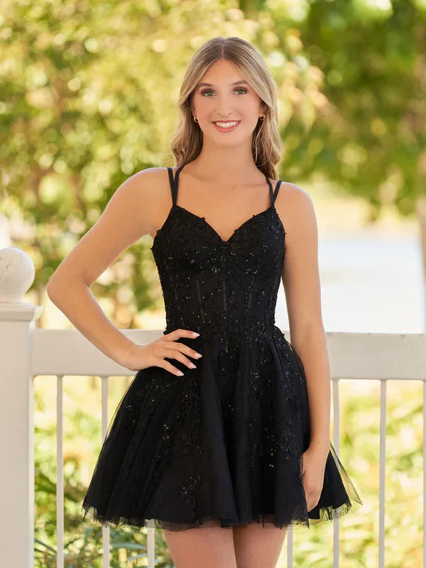 Charming Black Lace Design A-line Lace-up Spaghetti Strap Homecoming Dress TP3624