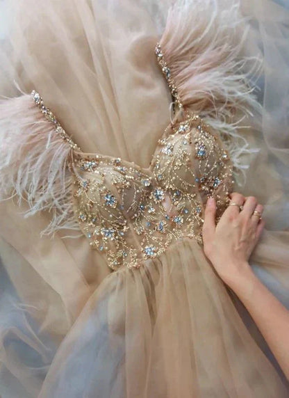 Champagne Gold Gorgeous Elegant Sparkling Exquisite Beaded Long Elegant Tulle Prom Dress Prom Gowns Prom Dresses