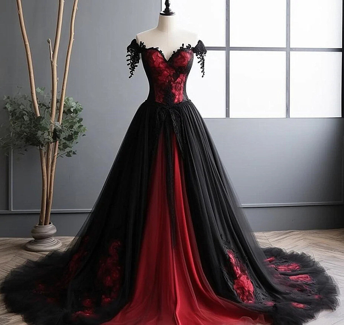 Elegant Black And Red Tulle With Lace Off Shoulder Gowns, Black And Red Prom Dresses