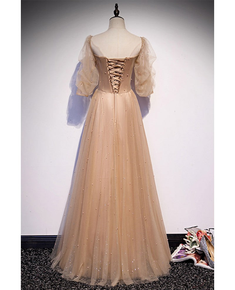 Elegant and noble champagne short sleeved tulle beaded ball dress with champagne backless straps and floor length evening dress