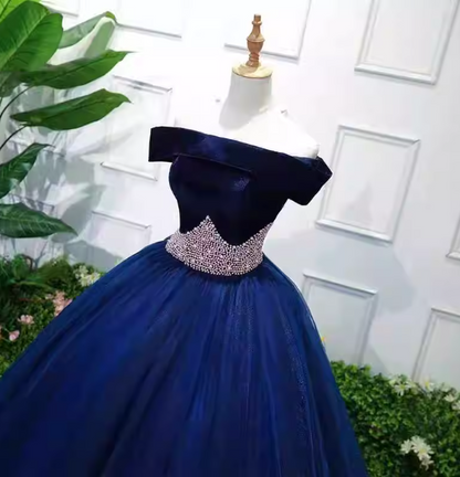 Elegant Navy Blue Off-The-Shoulder Velvet Tulle Ball Gown Evening Dresses Sweet 16 Dresses