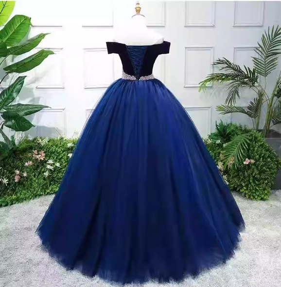 Elegant Navy Blue Off-The-Shoulder Velvet Tulle Ball Gown Evening Dresses Sweet 16 Dresses