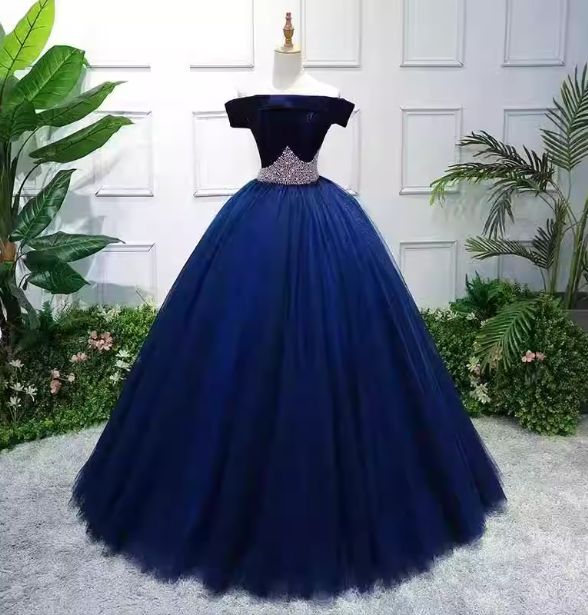 Elegant Navy Blue Off-The-Shoulder Velvet Tulle Ball Gown Evening Dresses Sweet 16 Dresses