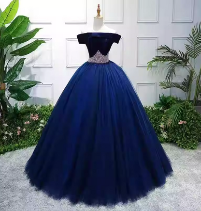 Elegant Navy Blue Off-The-Shoulder Velvet Tulle Ball Gown Evening Dresses Sweet 16 Dresses