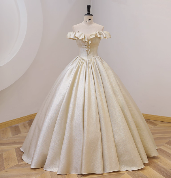 Elegant Vintage One-Shoulder Ruffle Shiny Satin Ball Gown Evening Dresses Sweet 16 Dresses