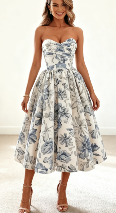 Elegant Wedding Guest Outfit Ball Gowns Blue Floral Prom Night Dress Summer Tea Length Wedding Guest Dresses