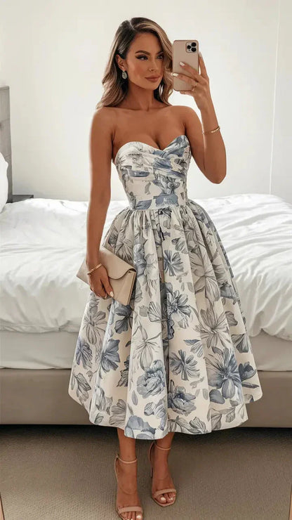 Elegant Wedding Guest Outfit Ball Gowns Blue Floral Prom Night Dress Summer Tea Length Wedding Guest Dresses