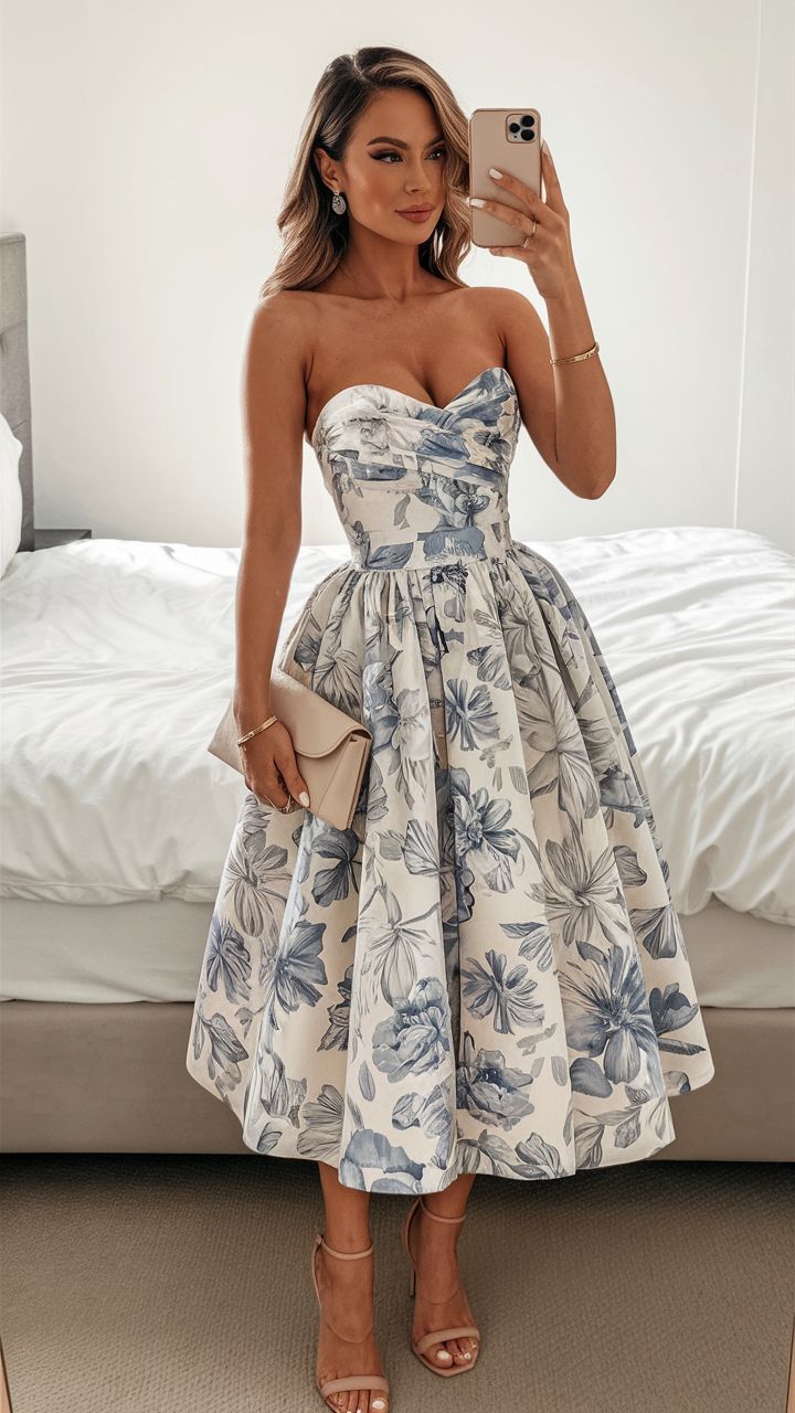 Elegant Wedding Guest Outfit Ball Gowns Blue Floral Prom Night Dress Summer Tea Length Wedding Guest Dresses