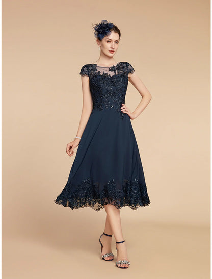 A-Line Mother of the Bride Dress Formal Wedding Guest Elegant Vintage Scoop Neck Tea Length Lace 3/4 Length Sleeve with Sequin Appliques