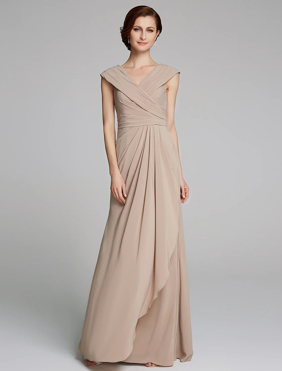 Sheath / Column Mother of the Bride Dress Elegant V Neck Floor Length Jersey Short Sleeve with Pleats