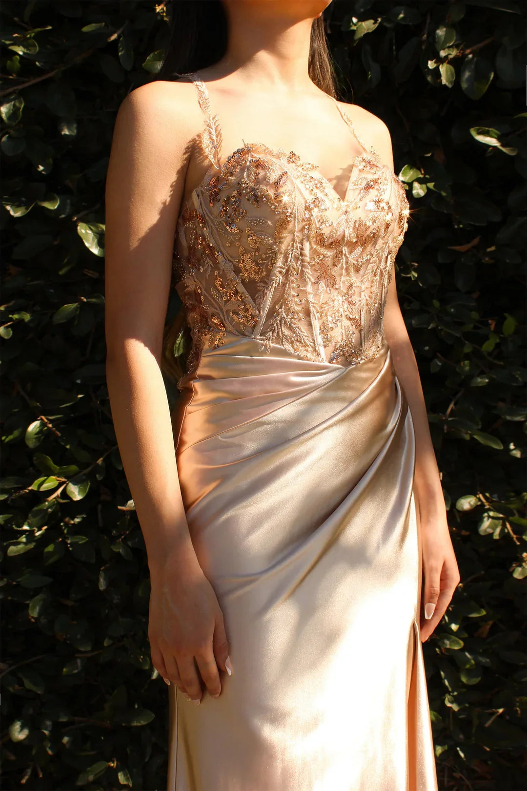 Decorative fitted skirt satin long dress
