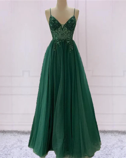 Emerald Green Beautiful V Neck Exquisite Beading Spaghetti Straps Long Tulle Handmade Custom Ball Gowns Prom Dress