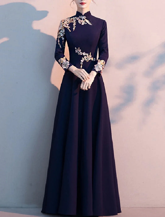 A-Line Mother of the Bride Dress Elegant Simple High Neck Floor Length Fabric Long Sleeve with Pleats Appliques