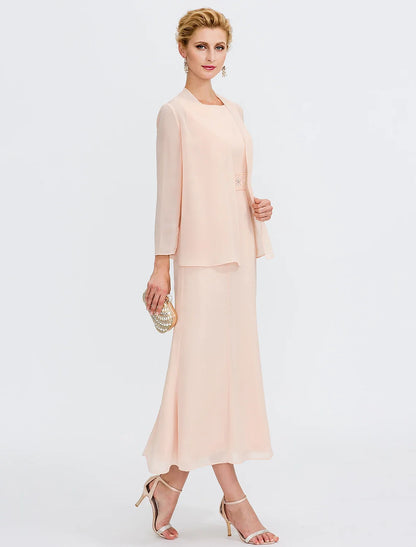 Two Piece Sheath / Column Mother of the Bride Dress Wedding Guest Plus Size Elegant with Jacket Long Sleeve Scoop Neck Tea Length Chiffon Sash / Ribbon Pleats Beading