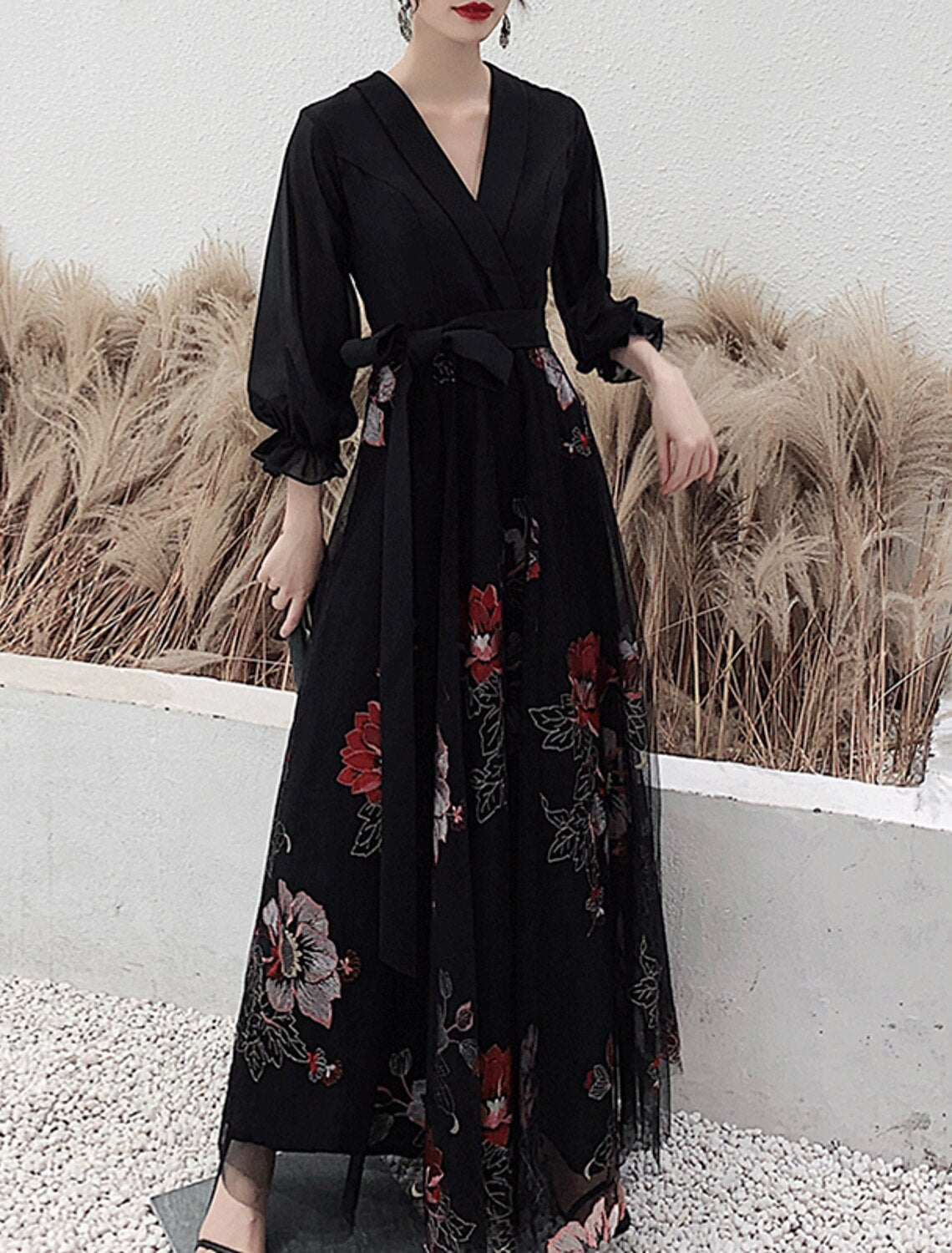 A-Line Floral Prom Formal Evening Dress V Neck 3/4 Length Sleeve Floor Length Spandex with Sash / Ribbon Embroidery