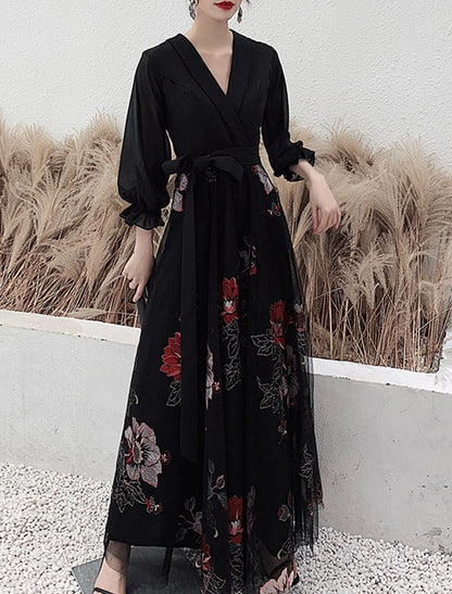 A-Line Floral Prom Formal Evening Dress V Neck 3/4 Length Sleeve Floor Length Spandex with Sash / Ribbon Embroidery