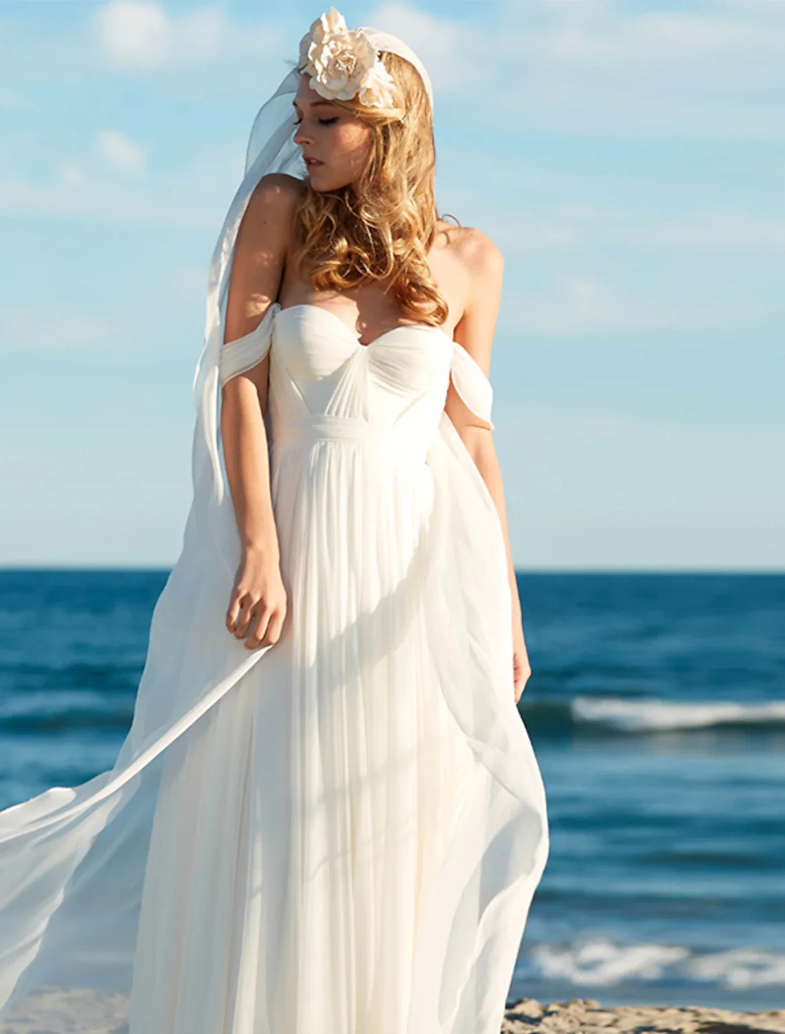 Beach Sexy Boho Wedding Dresses A-Line Off Shoulder Cap Sleeve Floor Length Chiffon Bridal Gowns With Pleats Solid Color 2025 Summer Wedding Party, Women's Clothing