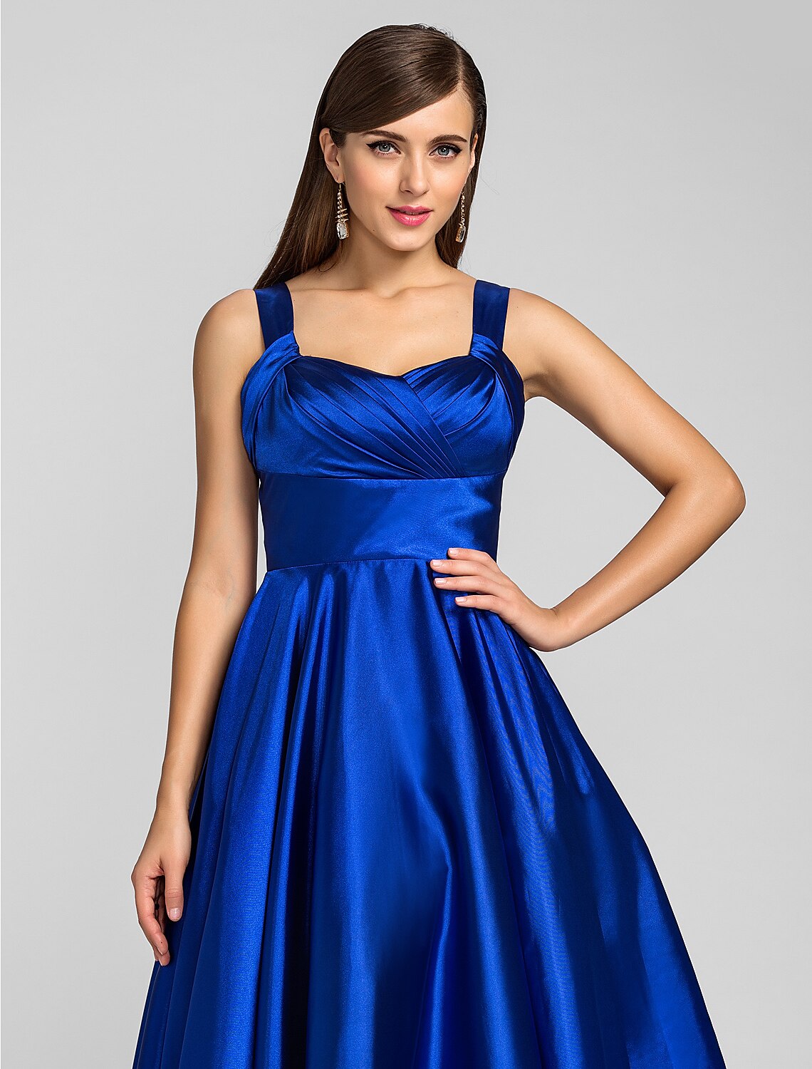 A-Line Minimalist Dress Wedding Guest Cocktail Party Tea Length Sleeveless Square Neck Satin with Criss Cross