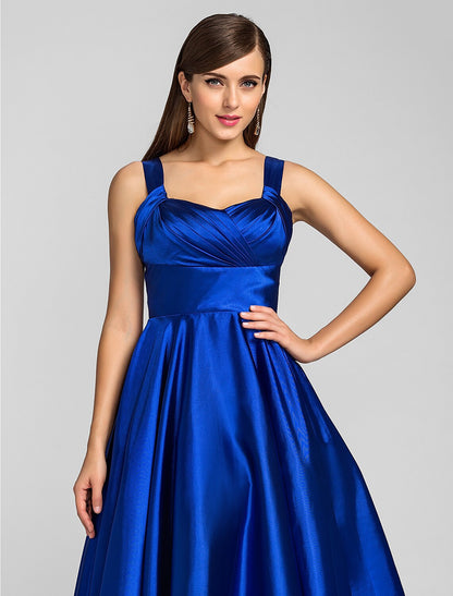 A-Line Minimalist Dress Wedding Guest Cocktail Party Tea Length Sleeveless Square Neck Satin with Criss Cross