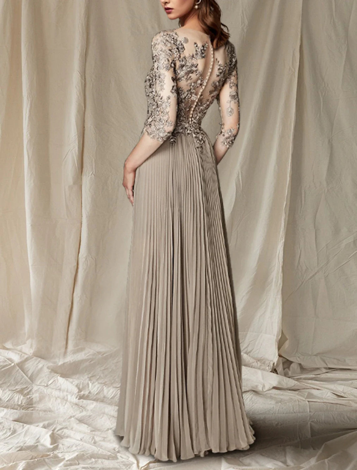 A-Line Mother of the Bride Dress Wedding Guest Elegant Plus Size V Neck Floor Length Chiffon Lace Half Sleeve with Pleats Appliques