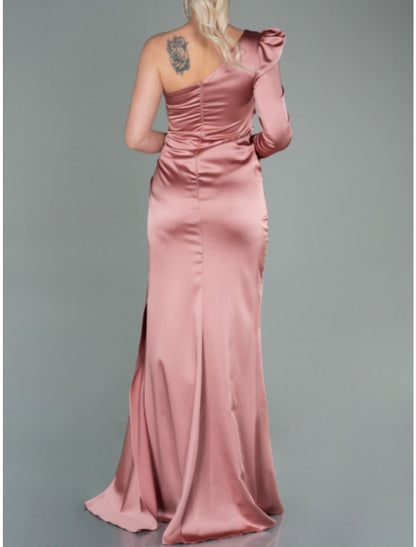 A-Line Evening Gown Elegant Dress Formal Fall Sweep / Brush Train Long Sleeve One Shoulder Satin with Ruched Sequin Slit 2026
