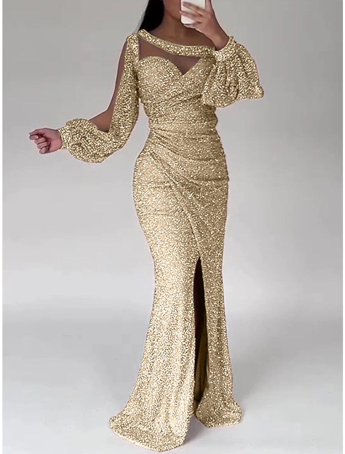 Mermaid Dress Evening Gown Christmas Red Green Dress Formal Sweep / Brush Train Long Sleeve Scoop Neck Sequined with Glitter Ruched Slit 2026