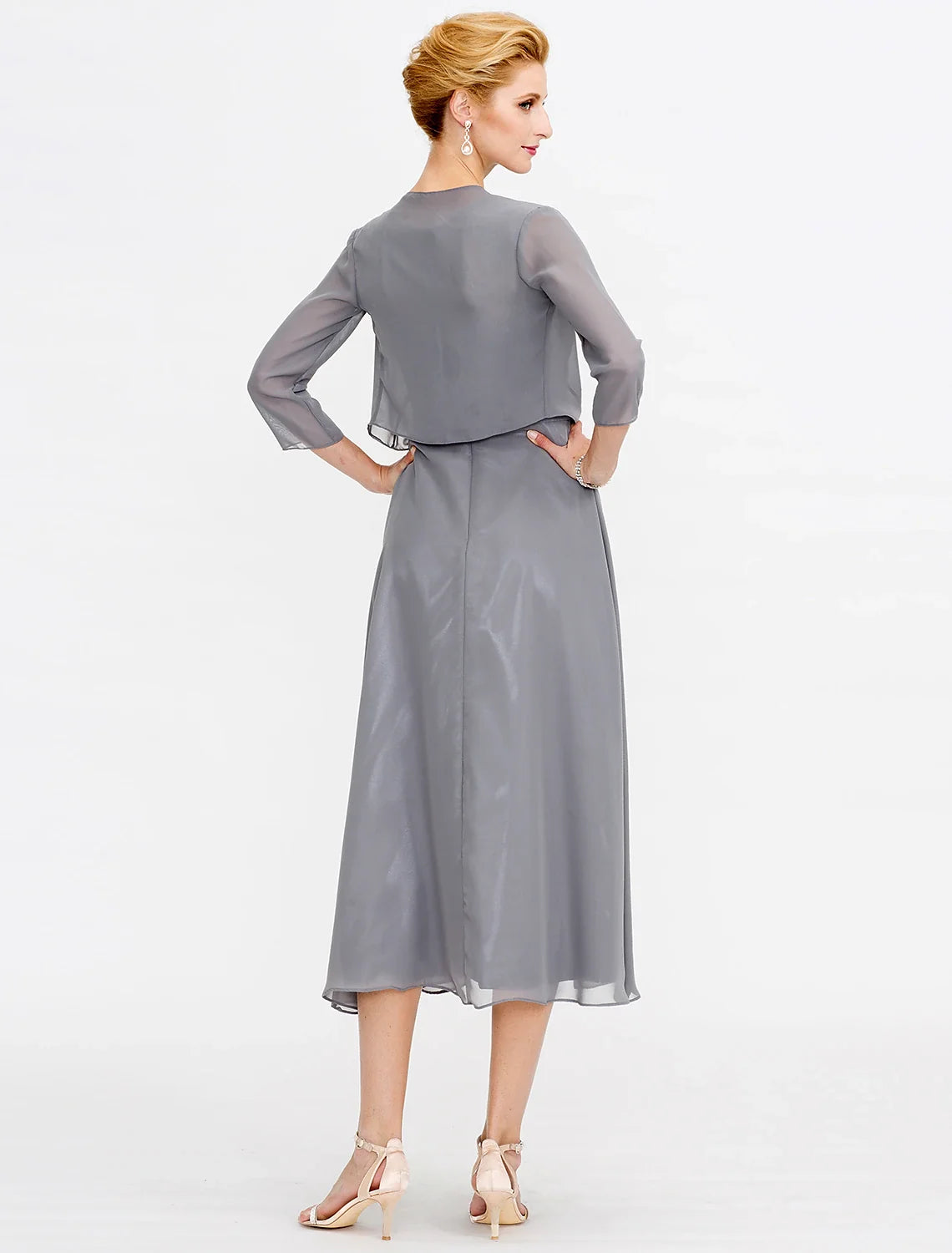 A-Line Mother of the Bride Dress Fall Wedding Guest Dresses Plus Size Elegant Illusion Neck Tea Length Chiffon Corded Lace Sleeveless Wrap Included with Lace Pleats