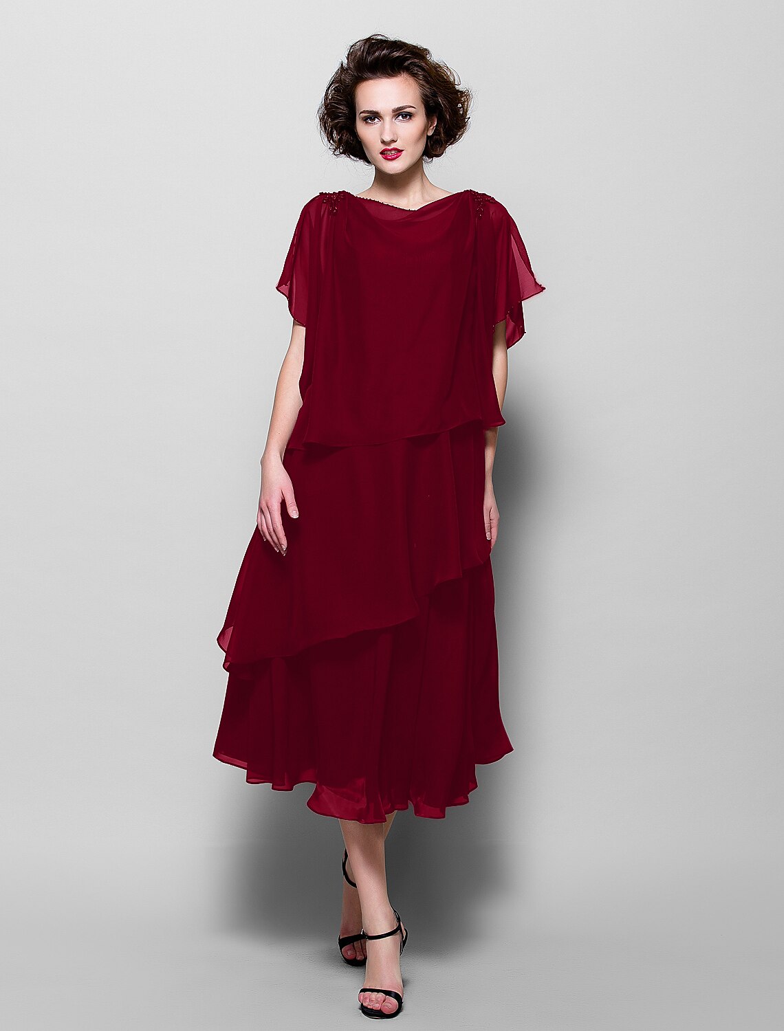 A-Line Mother of the Bride Dress Plus Size Elegant Cowl Neck Tea Length Chiffon Short Sleeve with Ruffles Crystal Brooch A-Line Mother of the Bride Dress Plus Size Elegant Cowl Neck Tea Length Chiffon Short Sleeve with Ruffles Crystal Brooch