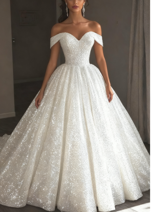 Ethereal Wedding Dress Ball Gowns Off The Shoulder Sequin White Wedding Dresses Bridal Gown
