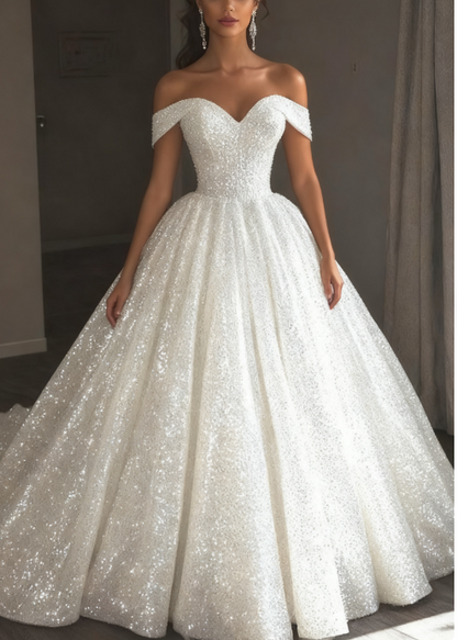 Ethereal Wedding Dress Ball Gowns Off The Shoulder Sequin White Wedding Dresses Bridal Gown