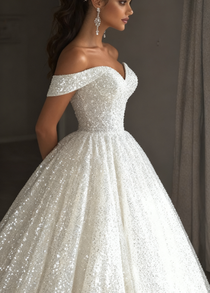 Ethereal Wedding Dress Ball Gowns Off The Shoulder Sequin White Wedding Dresses Bridal Gown