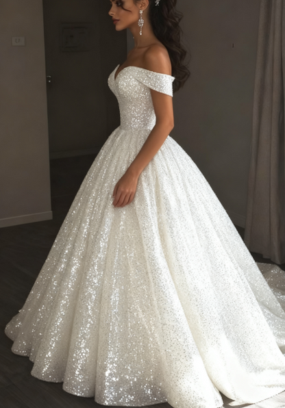 Ethereal Wedding Dress Ball Gowns Off The Shoulder Sequin White Wedding Dresses Bridal Gown