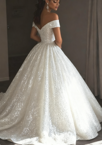 Ethereal Wedding Dress Ball Gowns Off The Shoulder Sequin White Wedding Dresses Bridal Gown