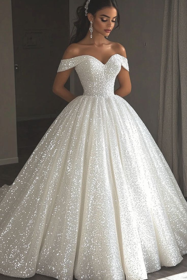 Ethereal Wedding Dress Ball Gowns Off The Shoulder Sequin White Wedding Dresses Bridal Gown