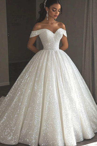 Ethereal Wedding Dress Ball Gowns Off The Shoulder Sequin White Wedding Dresses Bridal Gown