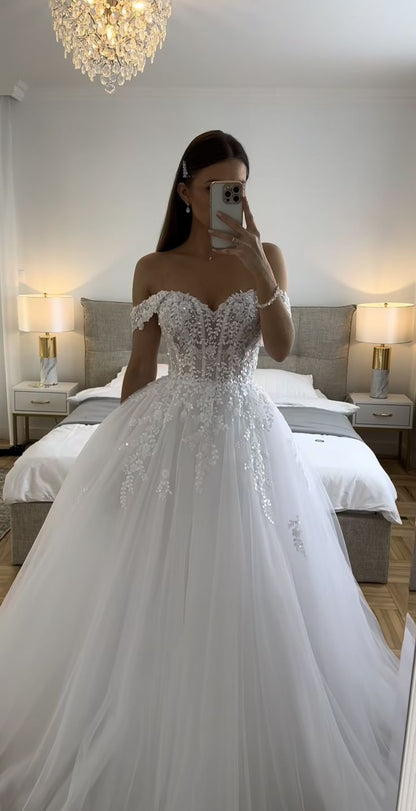 Ethereal Wedding Dress Ball Gowns Off The Shoulder Tulle White Wedding Dresses Bridal Gown