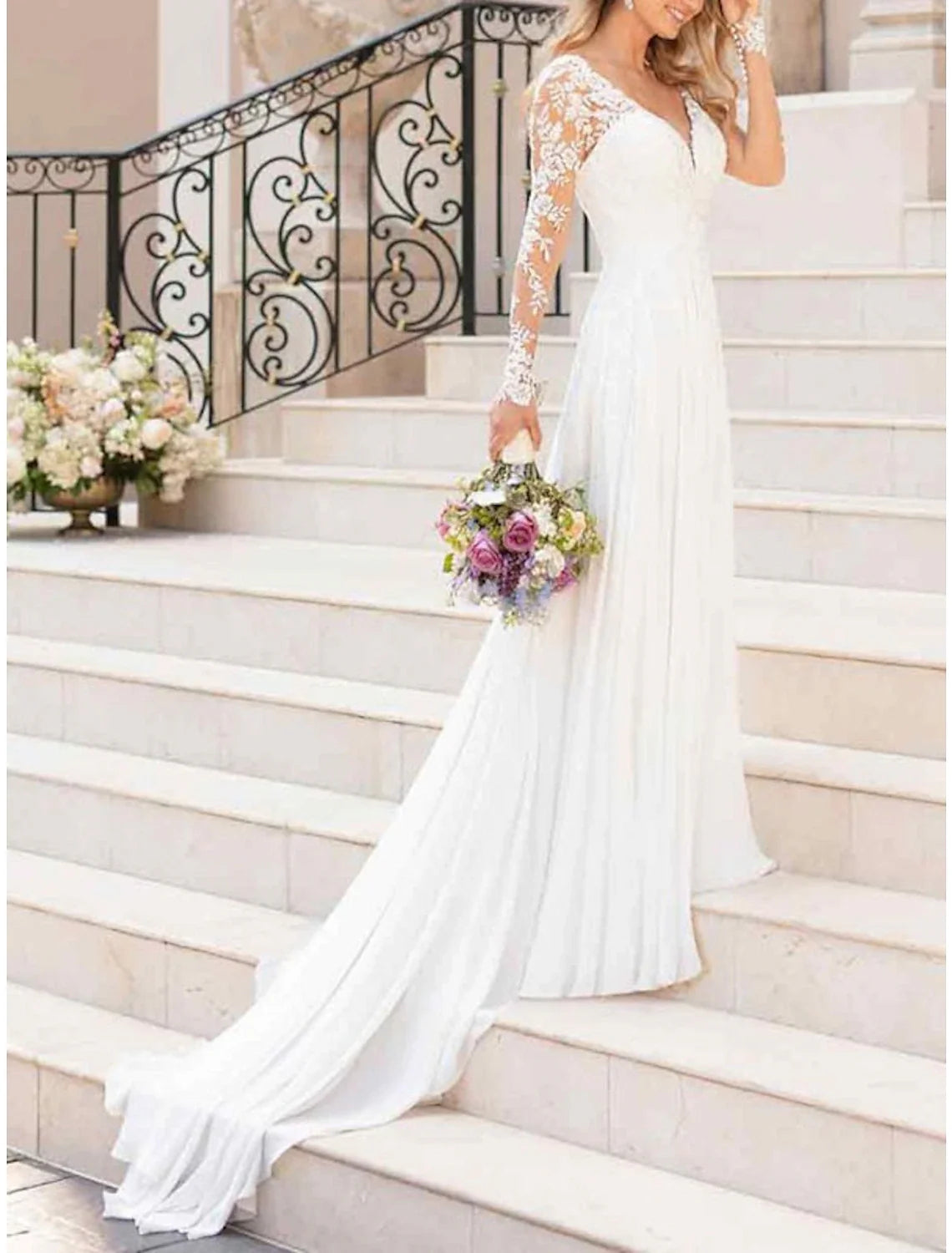 A-Line Prom Dresses Elegant Dress Wedding Guest Wedding Party Sweep / Brush Train Long Sleeve V Neck Chiffon with Appliques