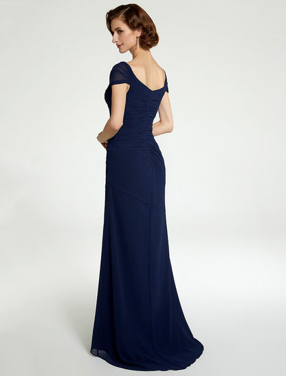 A-Line Mother of the Bride Dress V Neck Floor Length Chiffon Sleeveless with Ruching
