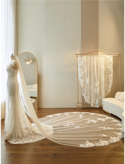 Jimss single layer Lace Stickers Lace/Lace Wedding Veil Embroidery Cathedral Veil/Stickers/Bow 137.8 inches (300 cm) sheer