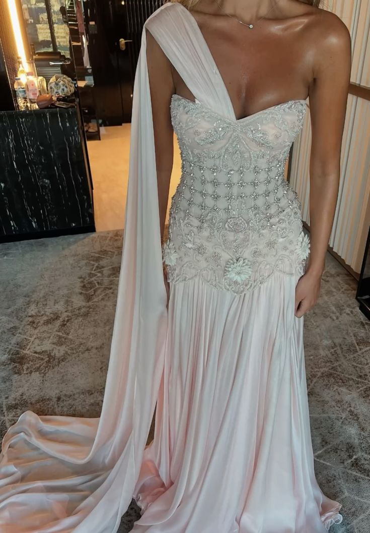 Exquisite Mermaid One Shoulder Pink Chiffon With Silver Beaded Prom Dress Long Prom Dresses 18Th Birthday Outfits Prom Gowns