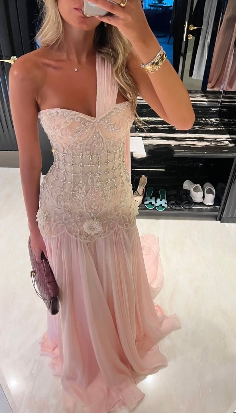 Exquisite Mermaid One Shoulder Pink Chiffon With Silver Beaded Prom Dress Long Prom Dresses 18Th Birthday Outfits Prom Gowns