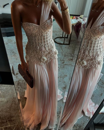 Exquisite Mermaid One Shoulder Pink Chiffon With Silver Beaded Prom Dress Long Prom Dresses 18Th Birthday Outfits Prom Gowns