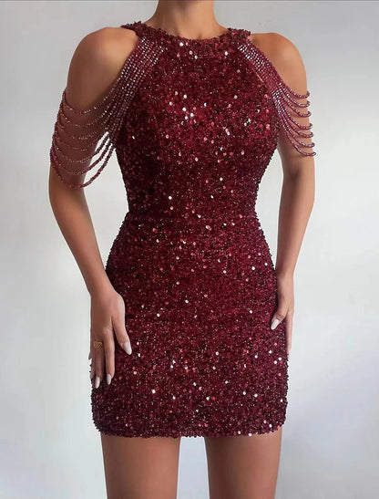 Women's Sequin Sparkly Bodycon Mini Black Sleeveless Tassel Beads Crew Neck Hot Elegant Homecoming Dress
