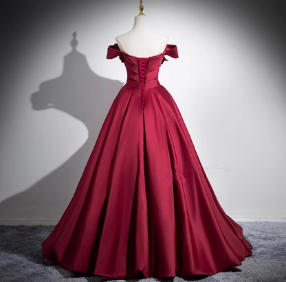 Burgundy Off The Satin Pleated Ball Gown A Line Prom Dress cc1723