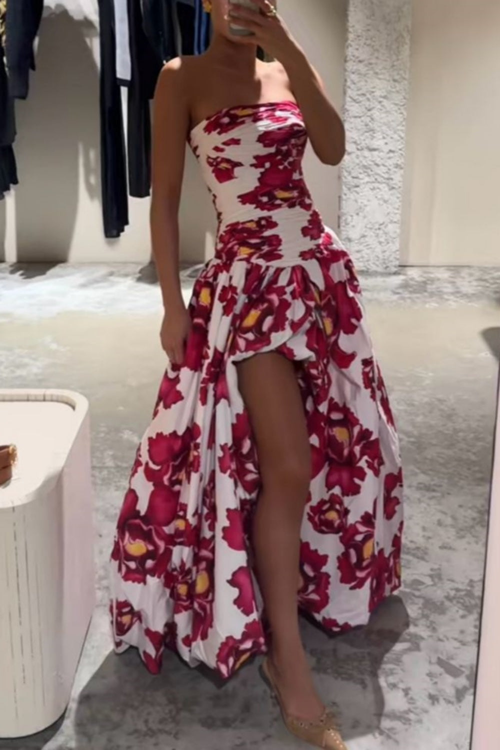 girlhomeshops-Red Floral Long Satin Chiffon Ball Gown Graduation Dress gh5928