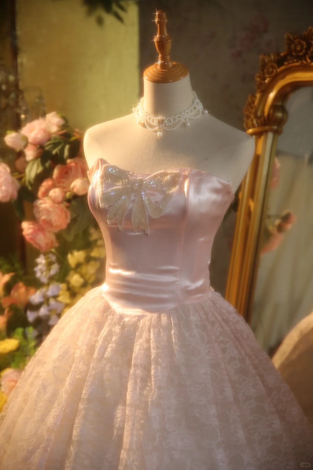 Vintage Pink Satin Strapless Sequin Bow Lace Tulle Skirt Sweet 15 Quinceanera Ball Gown TP5512